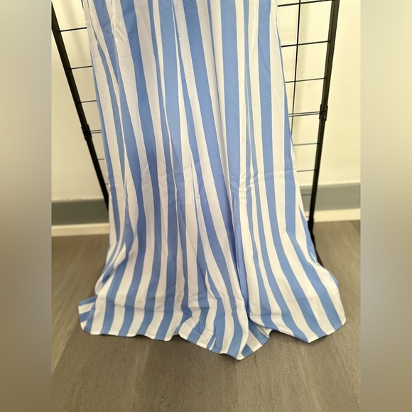 Light Blue Open Back Halter Tie Neck Zipper Closure Striped Detail Maxi Dress - Picture 13 of 17